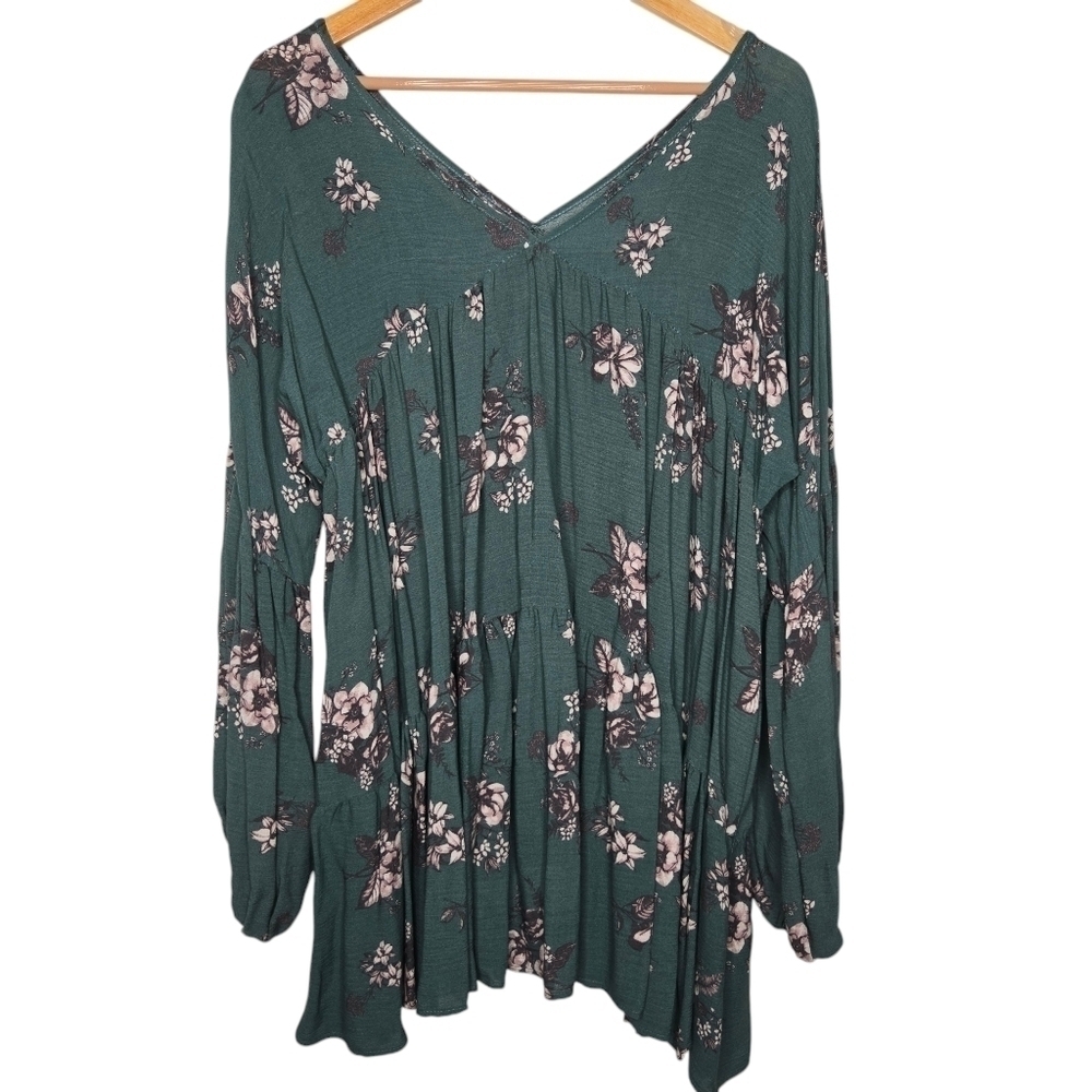 JADE by JANE Women's V Neck Bohemian Floral Blouse Green Pink Size XL